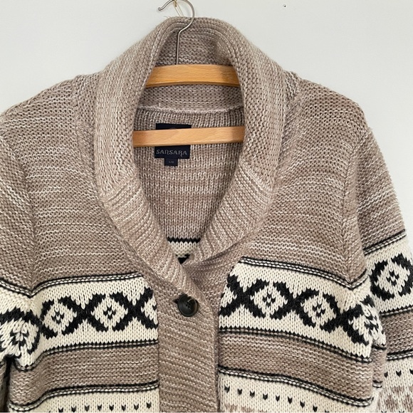 SANSARA Wool Blend Cardigan W's L Nordic Fair Isle Style Shawl Collar Long Line - Picture 2 of 8